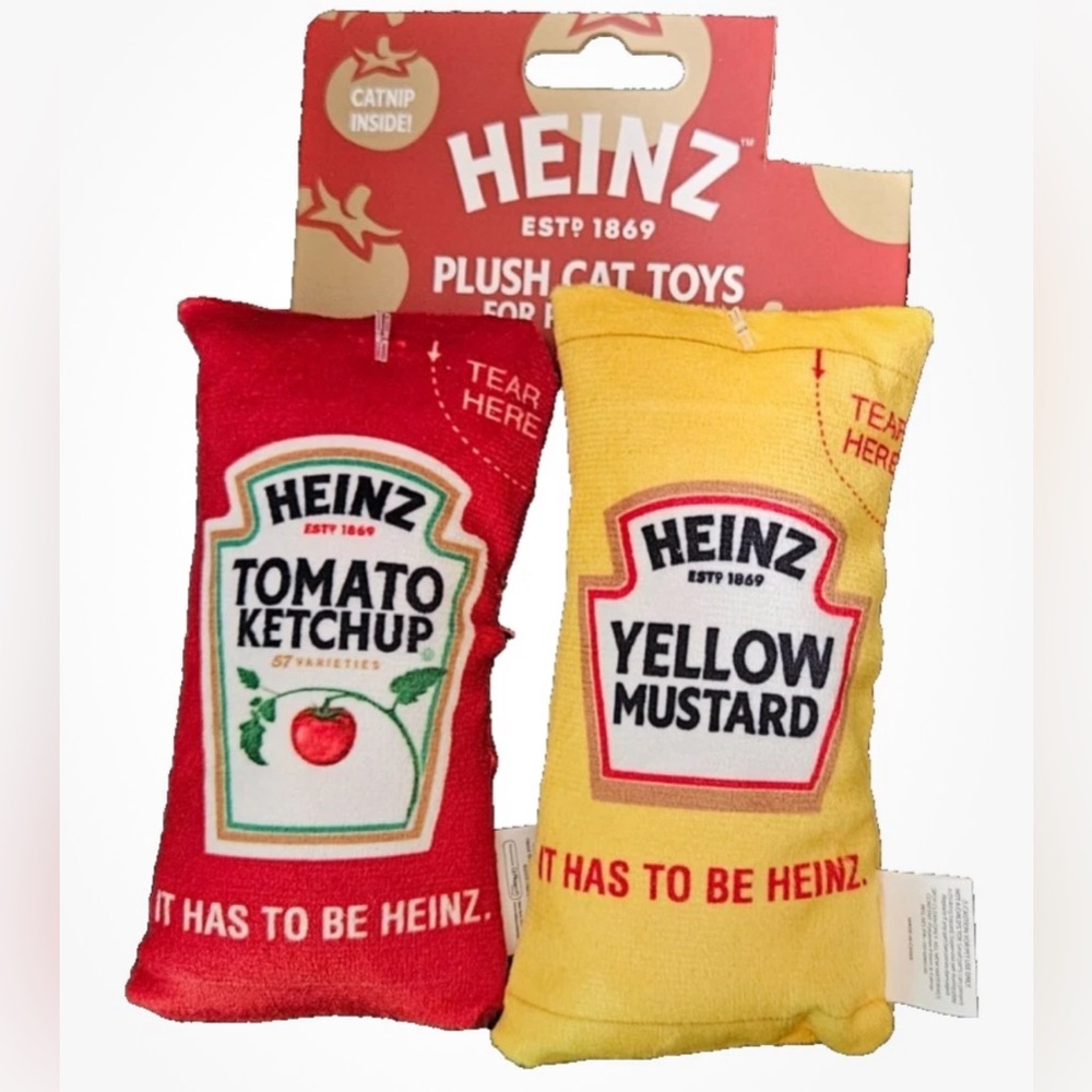 NEW Two Pack - Heinz Ketchup & Mustard Plush CAT Toys Packet Crinkle Toy 😺🐈